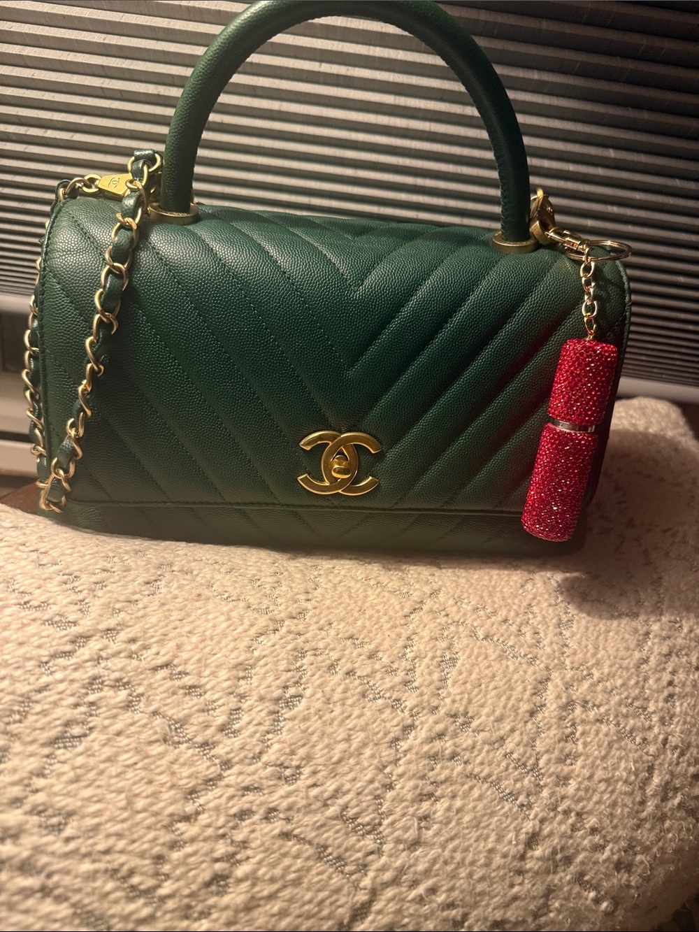 CHANEL Dark Green Quilted Top-Handle Shoulder Bag with Gold Hardware